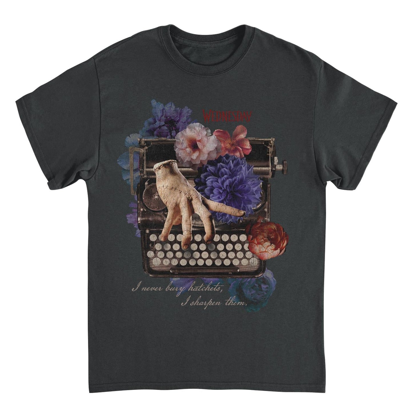 Black t-shirt with a typewriter and cat graphic on a white background