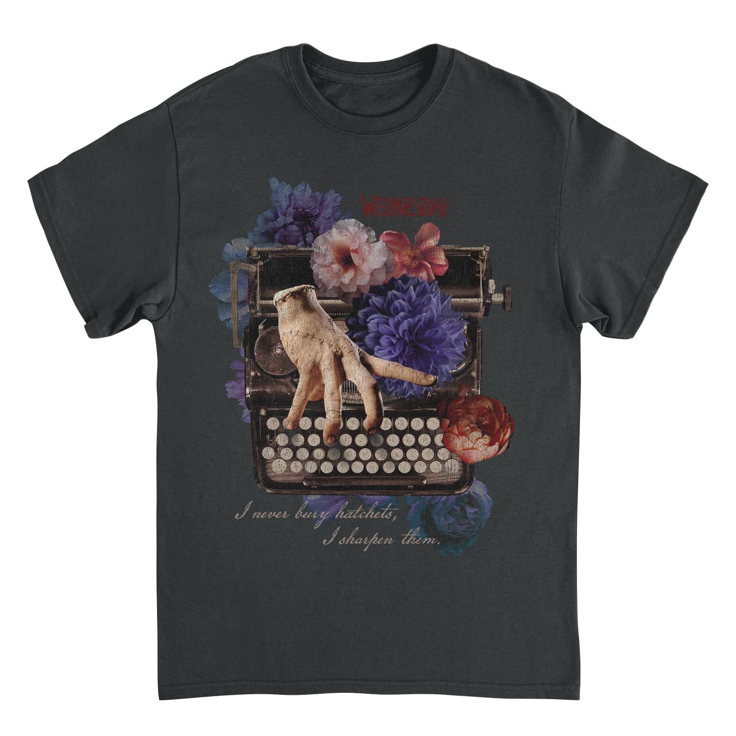 Black t-shirt with a typewriter and cat graphic on a white background