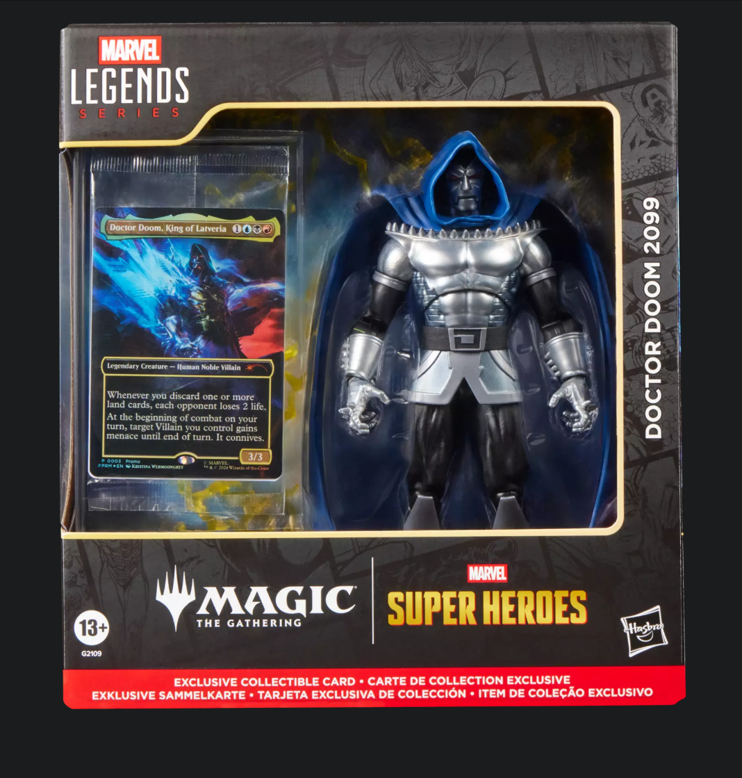 Doctor Doom 2099 Marvel Legends figure with Magic: The Gathering collectible card in retail packaging