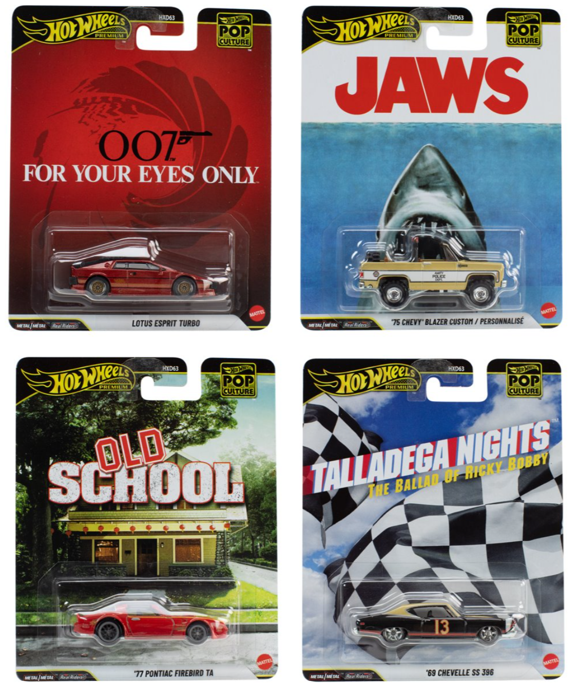 Hot Wheels Pop Culture 2026 Mix 6 lineup featuring 007 Lotus Esprit Turbo, Jaws 75 Chevy Blazer Custom, Old School 77 Pontiac Firebird T/A, and Talladega Nights 69 Chevelle SS 396
