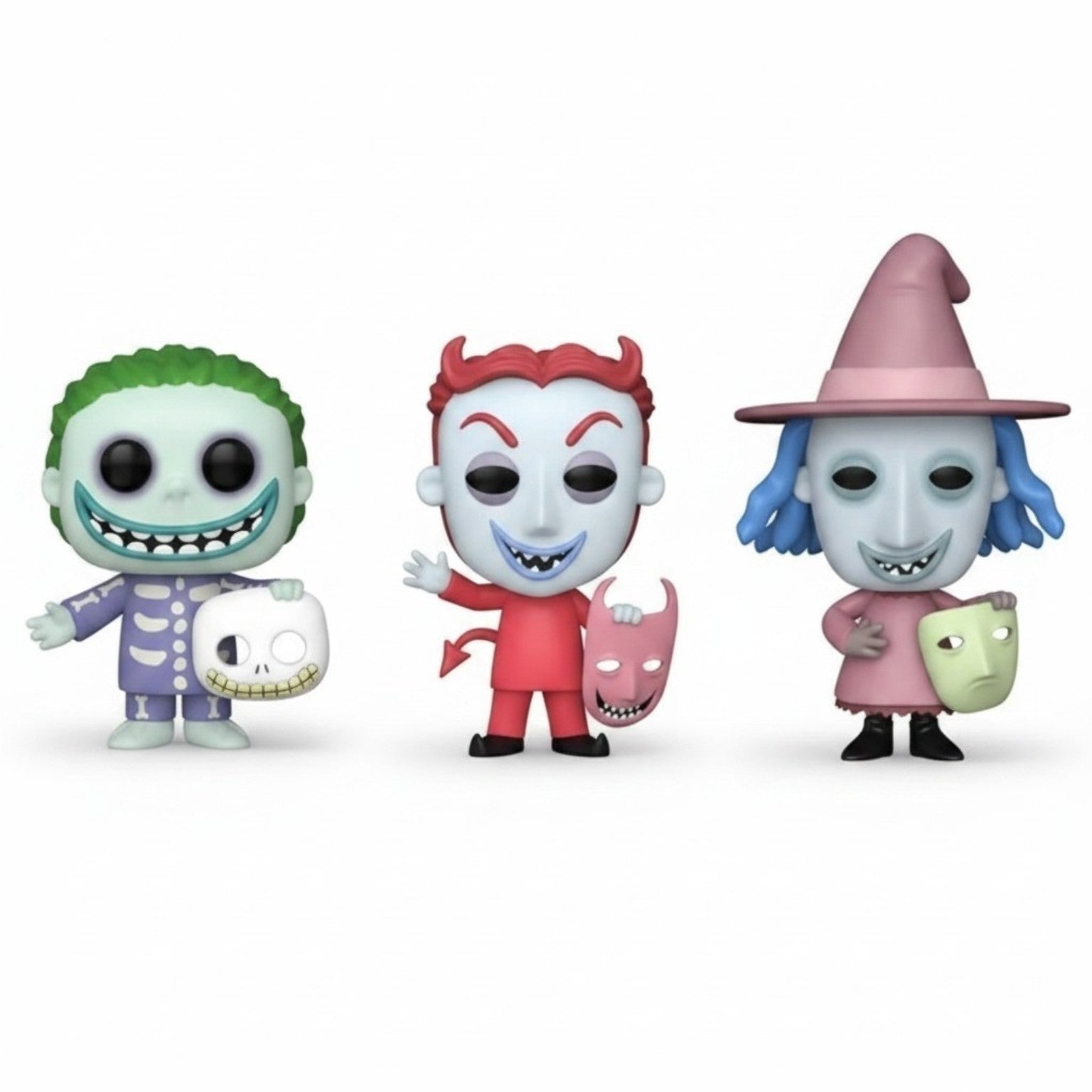 Three Funko Pop characters from The Nightmare Before Christmas displayed together