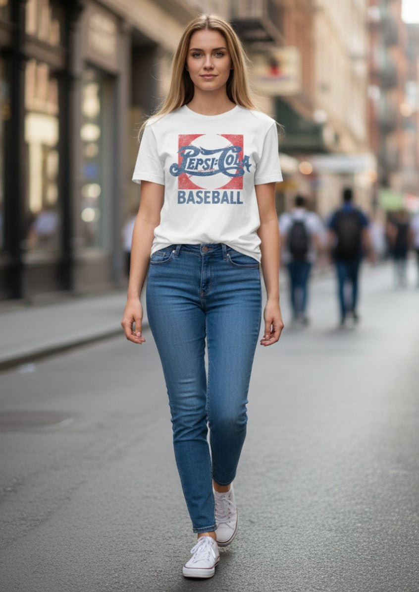 Female model wearing the Pepsi Baseball white graphic T-shirt