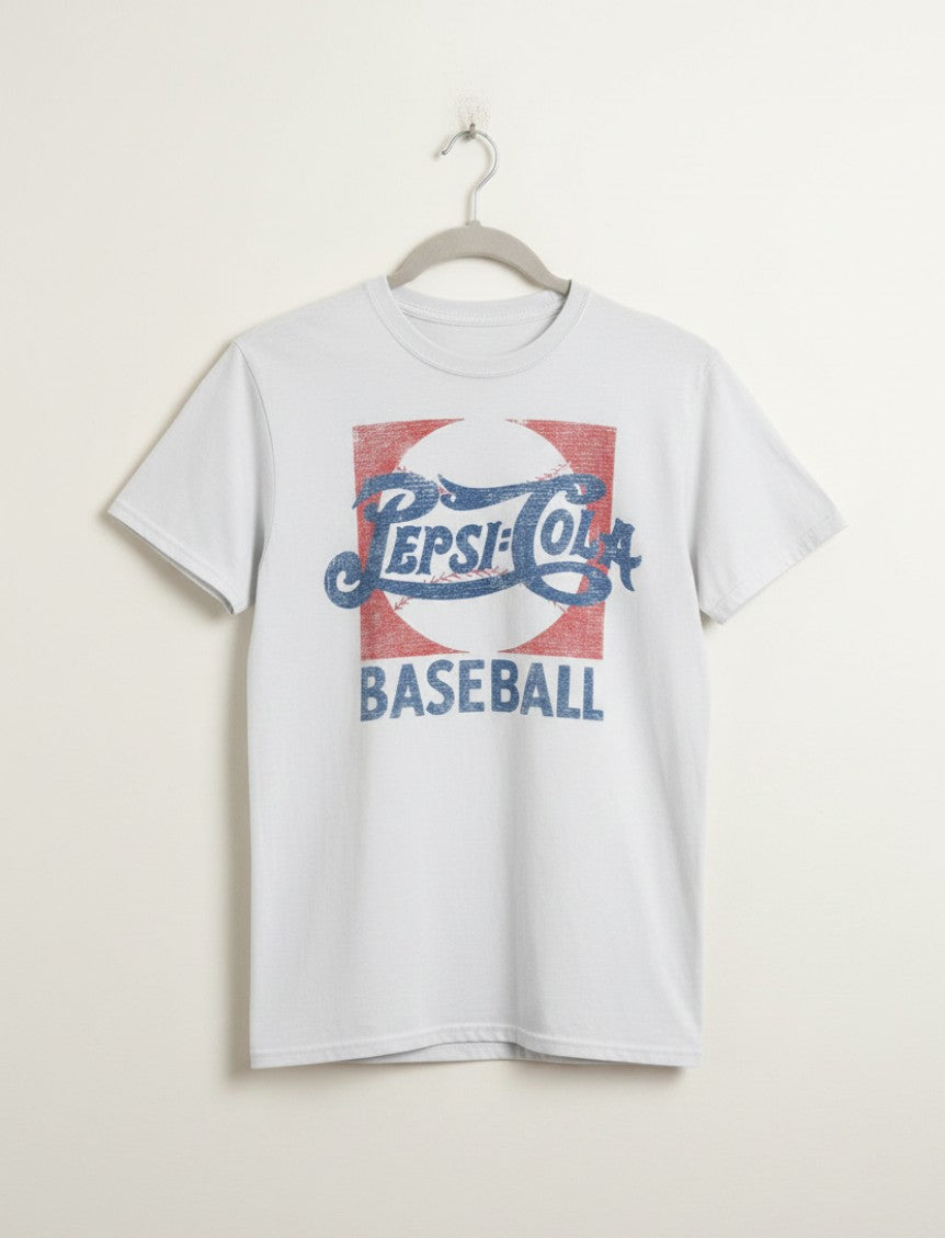 Pepsi Baseball white graphic T-shirt displayed on a hanger