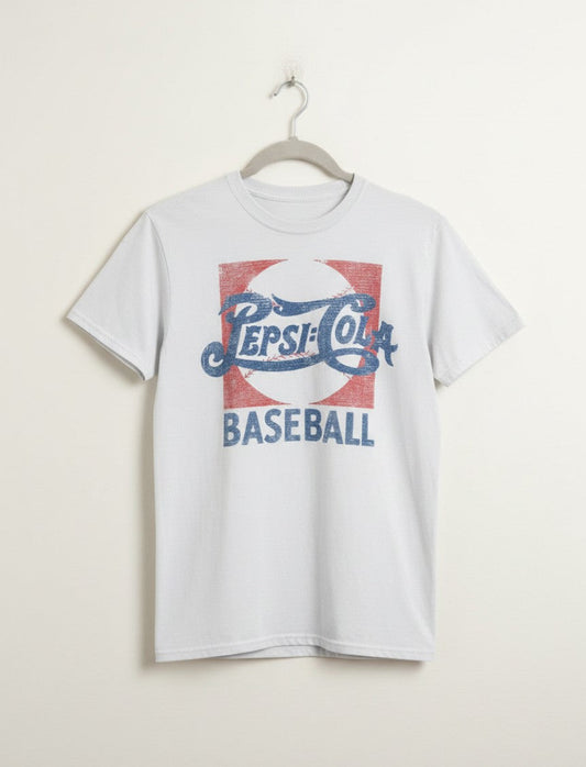 Pepsi Baseball white graphic T-shirt displayed on a hanger