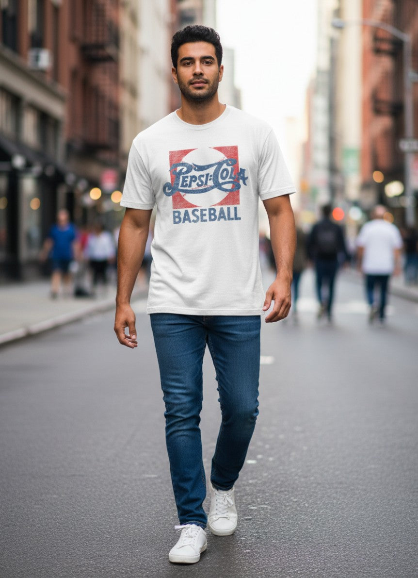 Male model wearing the Pepsi Baseball white graphic T-shirt