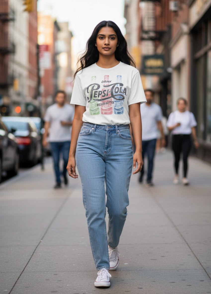 Female model wearing a white Pepsi-Cola Drink Bigger Better graphic T-shirt