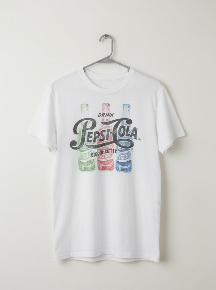White Pepsi-Cola Drink Bigger Better graphic T-shirt displayed on a hanger