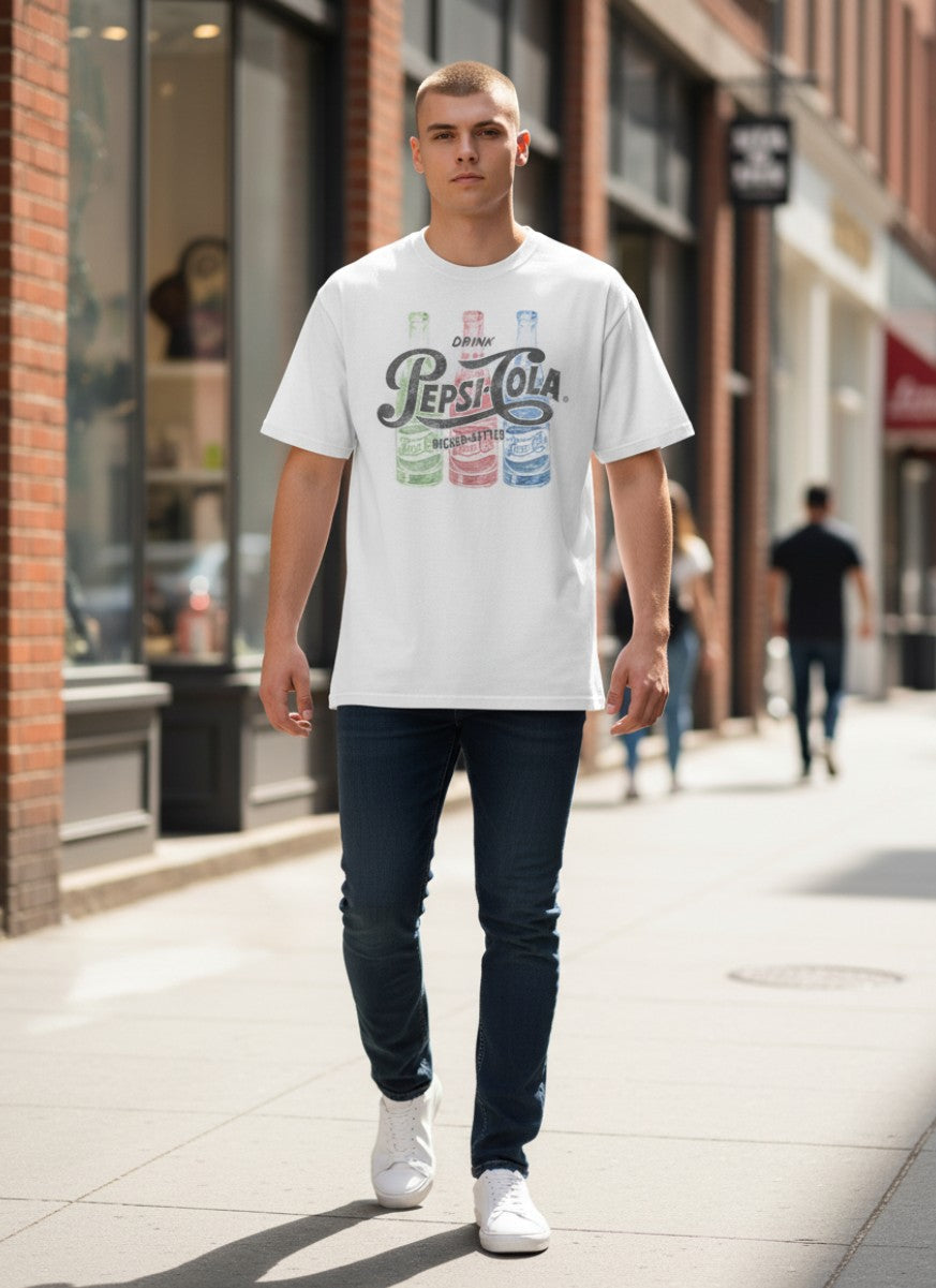 Male model wearing a white Pepsi-Cola Drink Bigger Better graphic T-shirt